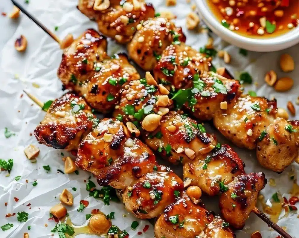 Delicious Honey Garlic Chicken Skewers on a grill, perfect for BBQ parties.