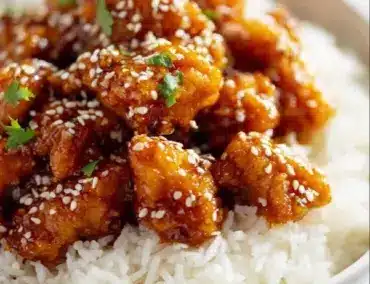 Delicious plate of honey sesame chicken garnished with sesame seeds and vegetables.