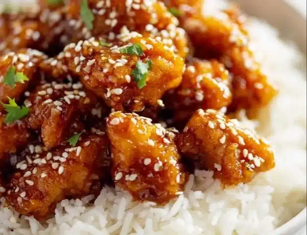 Delicious plate of honey sesame chicken garnished with sesame seeds and vegetables.