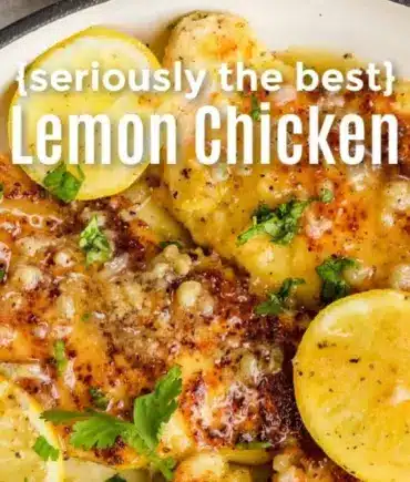 Delicious lemon chicken served with lemon butter sauce on a plate