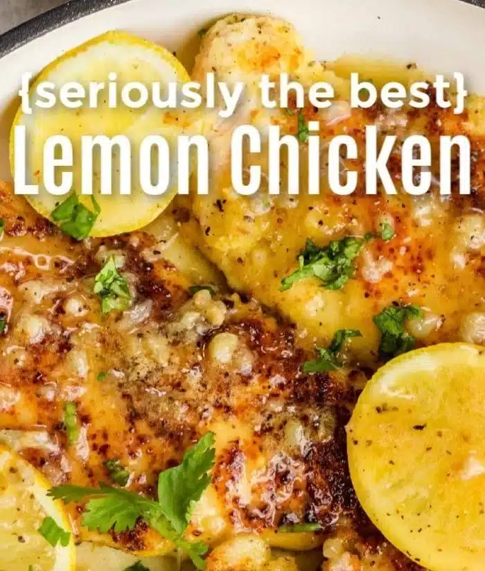 Delicious lemon chicken served with lemon butter sauce on a plate