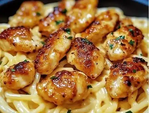 Lemon garlic butter chicken served with creamy parmesan pasta on a plate