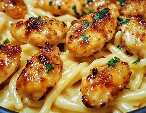 Lemon garlic butter chicken with creamy parmesan pasta | Garlic chicken bites with creamy parmesan pasta, Garlic butter chicken bites, Chicken dinner recipes