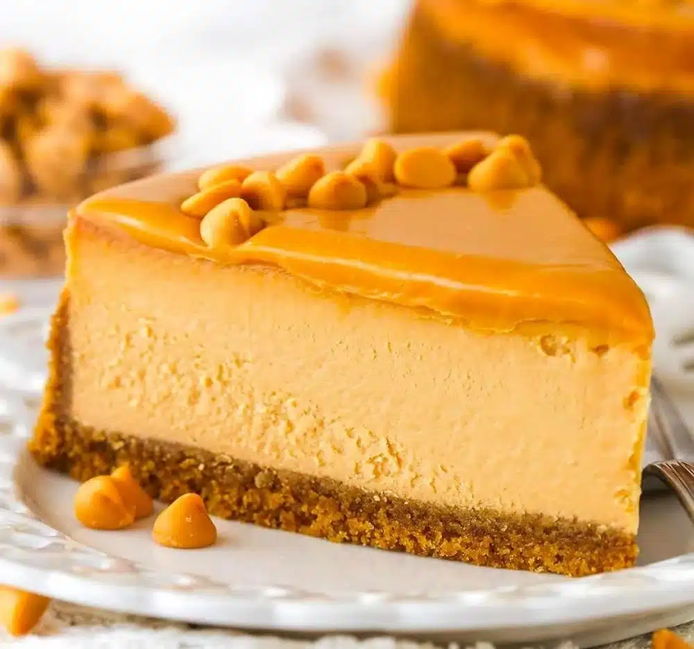 Loaded butterscotch cheesecake topped with creamy butterscotch sauce.