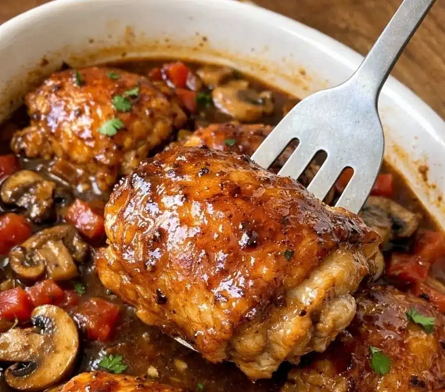 Baked chicken thighs with mushrooms and tomatoes recipe with savory ingredients.