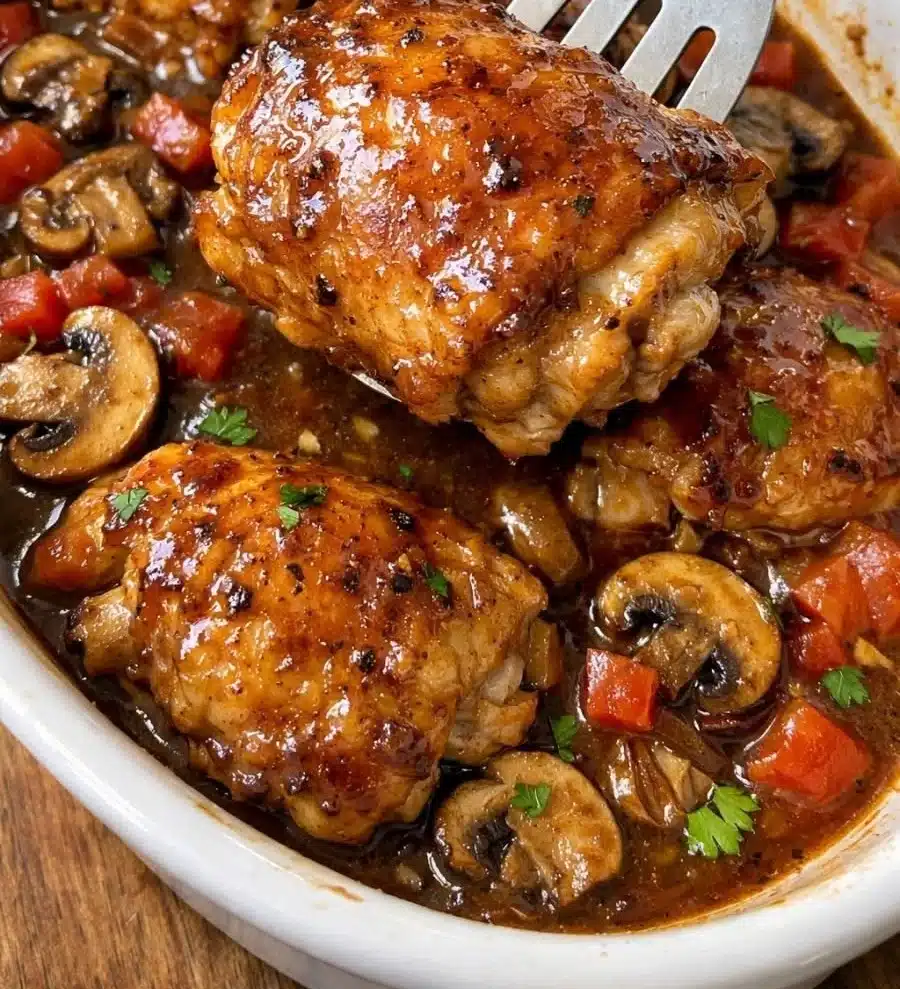 My neighbor Dorothy brought this to our potluck in 1978 and I begged her for the recipe for two years before she finally… | Chicken thigh recipes cooktop cove, Baked chicken thighs with mushrooms and tomatoes recipe, Chicken thigh recipes cooktop cove