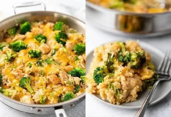 One Pan Cheesy Chicken Broccoli and Rice - one pot comfort food that is perfect for any night of the week. Boneless, ski… | Easy supper for 2, Chicken broccoli cheddar, Dinner ideas family of 4