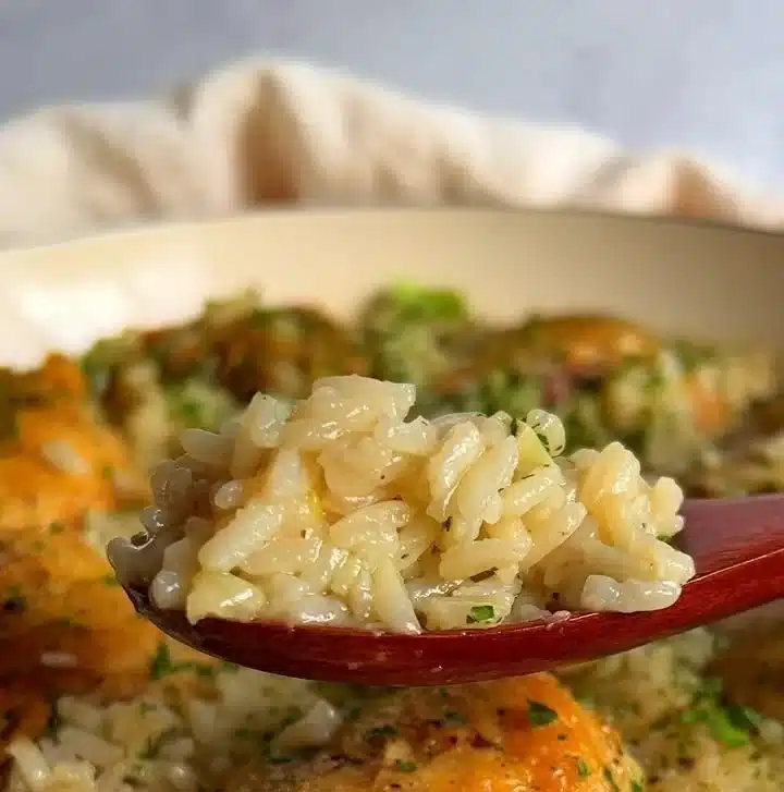 One-Pan Chicken and Rice dish served on a plate with chicken and garnished vegetables.