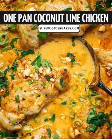 One pan coconut lime chicken dish garnished with lime and herbs