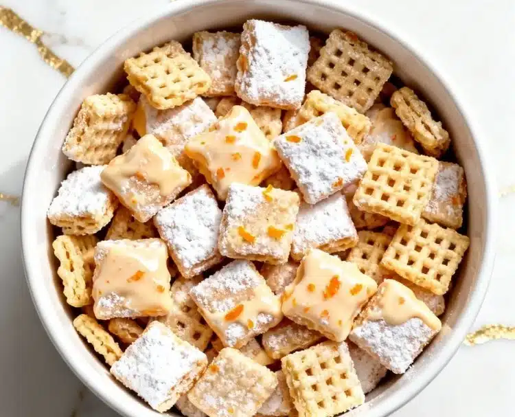 Bowl of Orange Creamsicle Puppy Chow snack mix with vibrant citrus colors