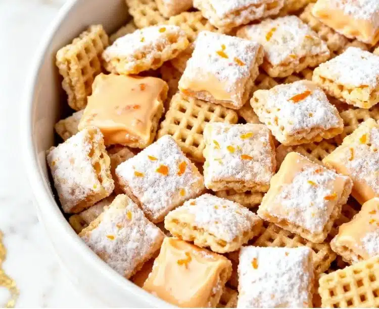 Orange Creamsicle Puppy Chow 😋 Bright Citrus Snack Mix In A Bowl