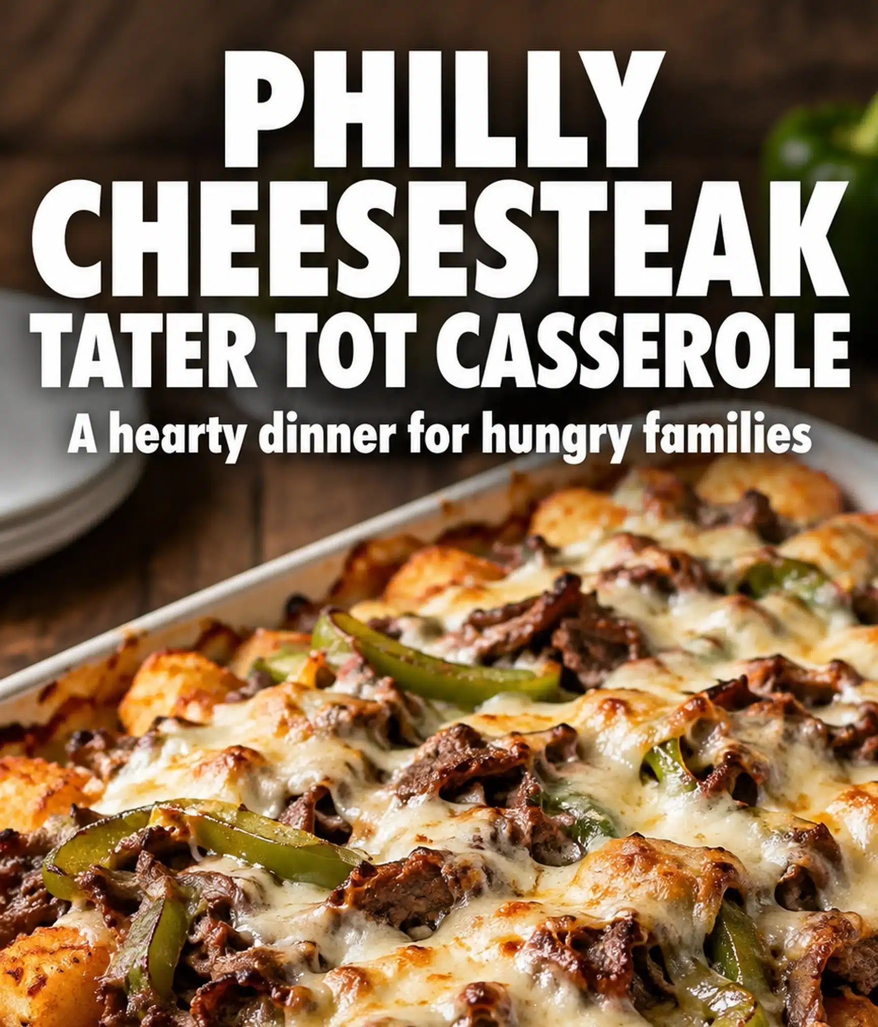 Philly Cheesesteak Tater Tot Casserole topped with melted cheese and peppers