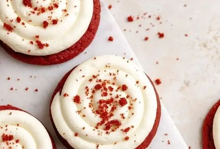 Delicious Red Velvet Cookies with Cream Cheese Frosting on a white plate