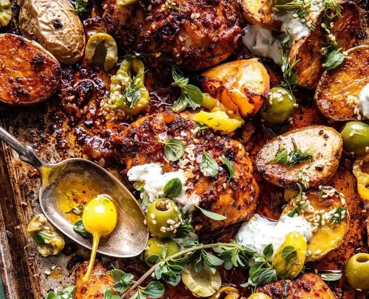 Sheet Pan Lemon Balsamic Chicken with Potatoes on a serving platter
