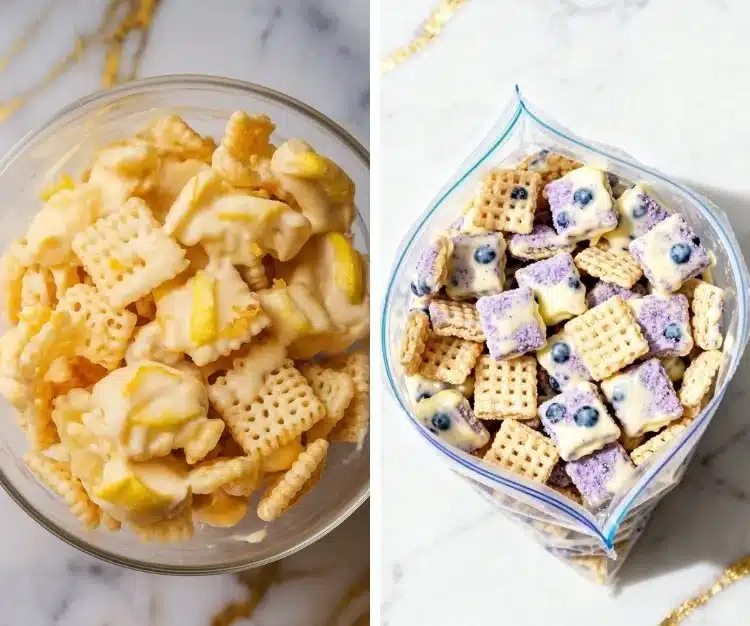Blueberry lemon cheesecake puppy chow in a bowl with blueberries