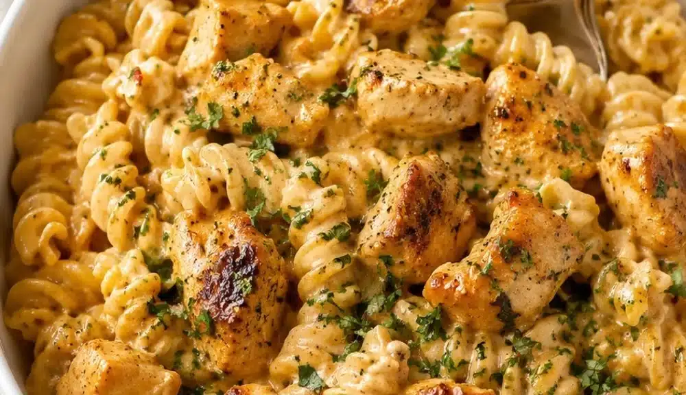 Plate of Cowboy Butter Chicken Pasta garnished with fresh herbs
