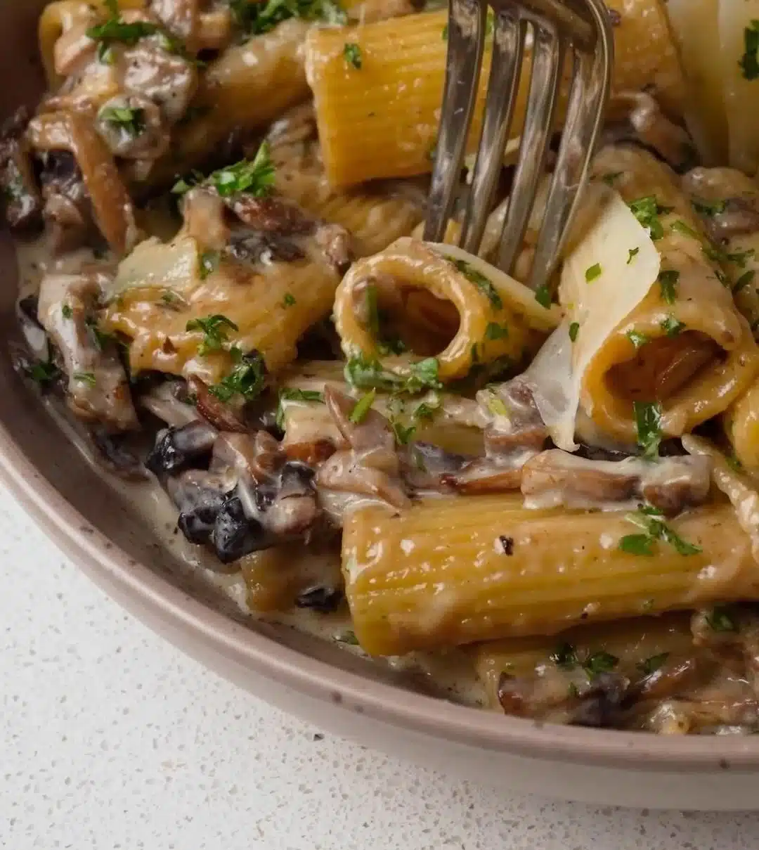 Three-Fungi Alfredo Rigatoni