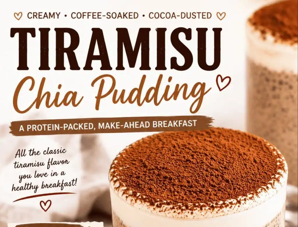 A delicious bowl of tiramisu chia pudding topped with cocoa powder and coffee.