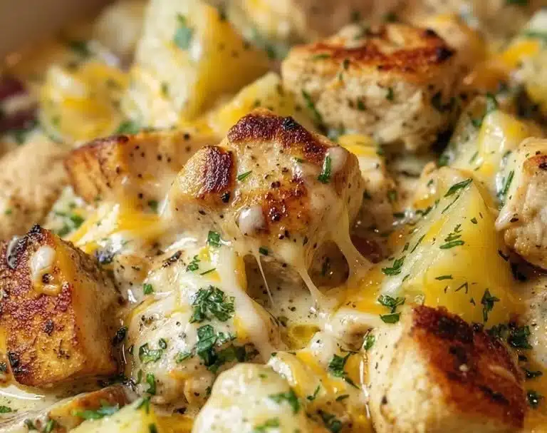 High-protein creamy garlic chicken and potatoes in a skillet.