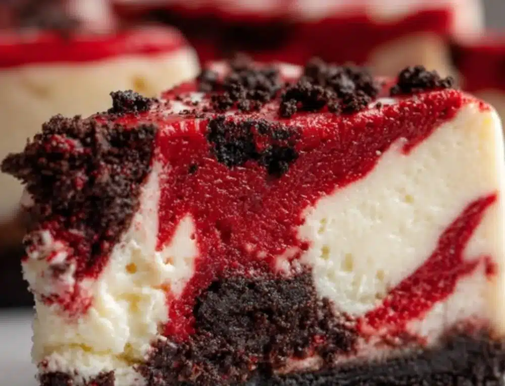 Slice of red velvet cheesecake with Oreo crust on a white plate